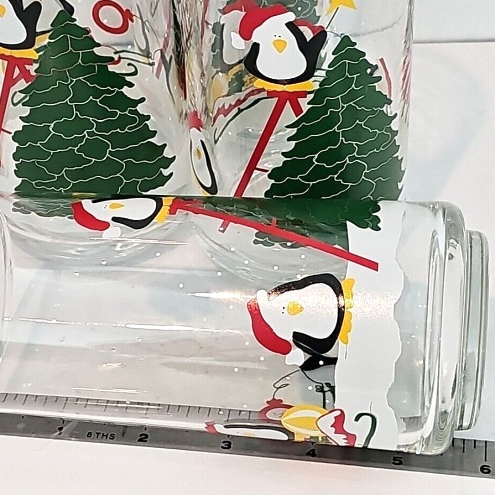 Christmas Tree & Penguins Glass Tumbler 6" holiday Santa hat 14oz set of 4 - Picture 4 of 10